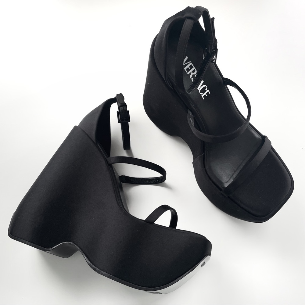 Versace Tri-Platform Satin Platform Wedge Sandal 160mm Strappy Square Toe Heel